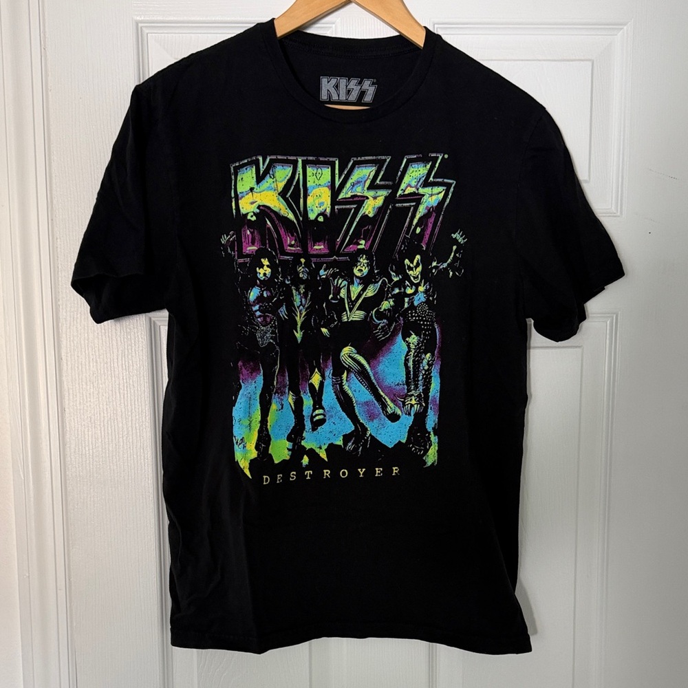 Kiss Black Tee with Neon Green, Yellow & Purple Band Graphic